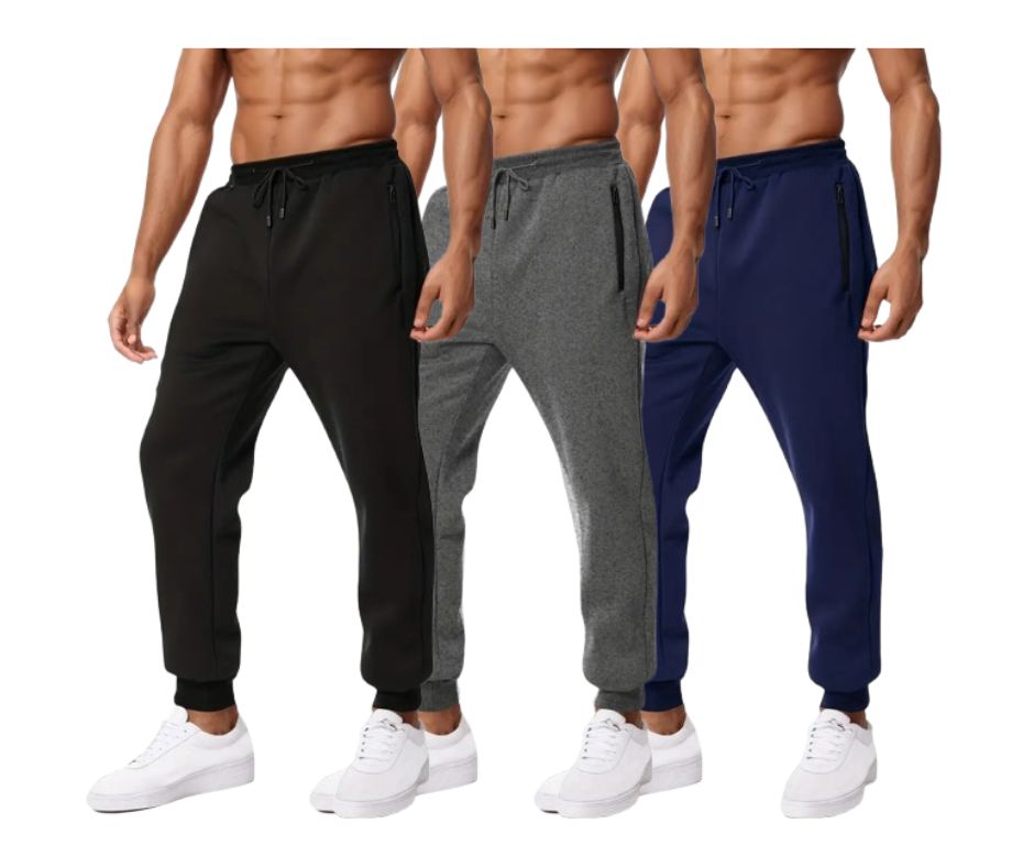 {3-Pack} Men's Essential Fleece Jogger Pants with Tech Zipper Pockets