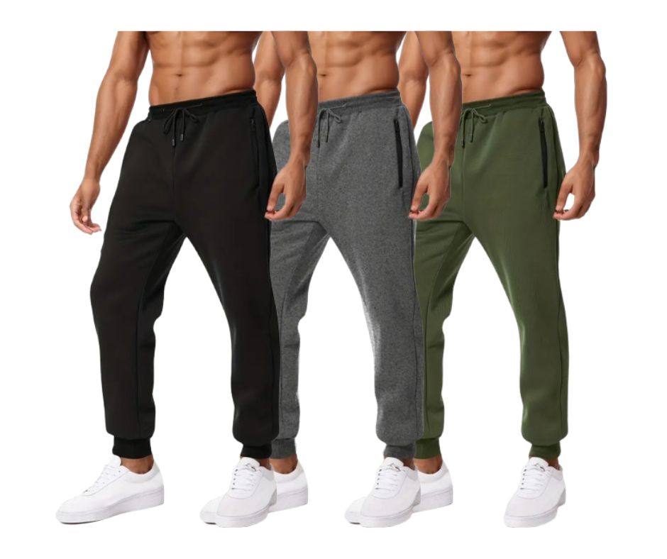 {3-Pack} Men's Essential Fleece Jogger Pants with Tech Zipper Pockets