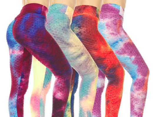 (3-Pack) Women's Ruched Tye Dye High-Waist Tummy Control Leggings