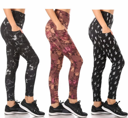3-Pack: Women's Printed Active Leggings with Pockets