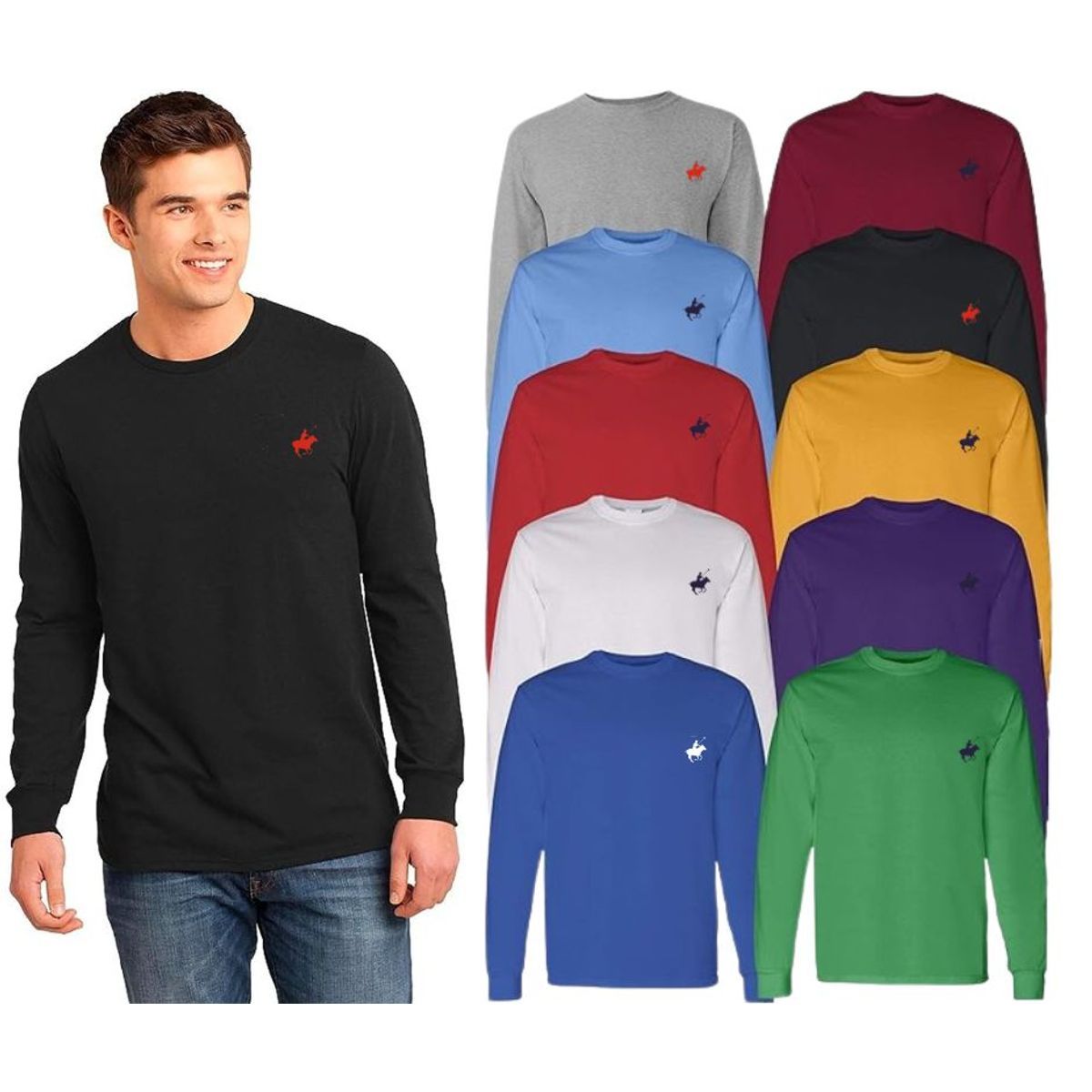 (4-Pack) Men's Long Sleeve Crew Neck T-Shirts Classic Cotton